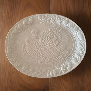 ND Turkey Embossed Serving Plate Platter Ceramic Vintage X-Large 19”x 14.5 White